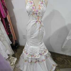 Precious Formals White Floral Embroidered Halter Mermaid Dress